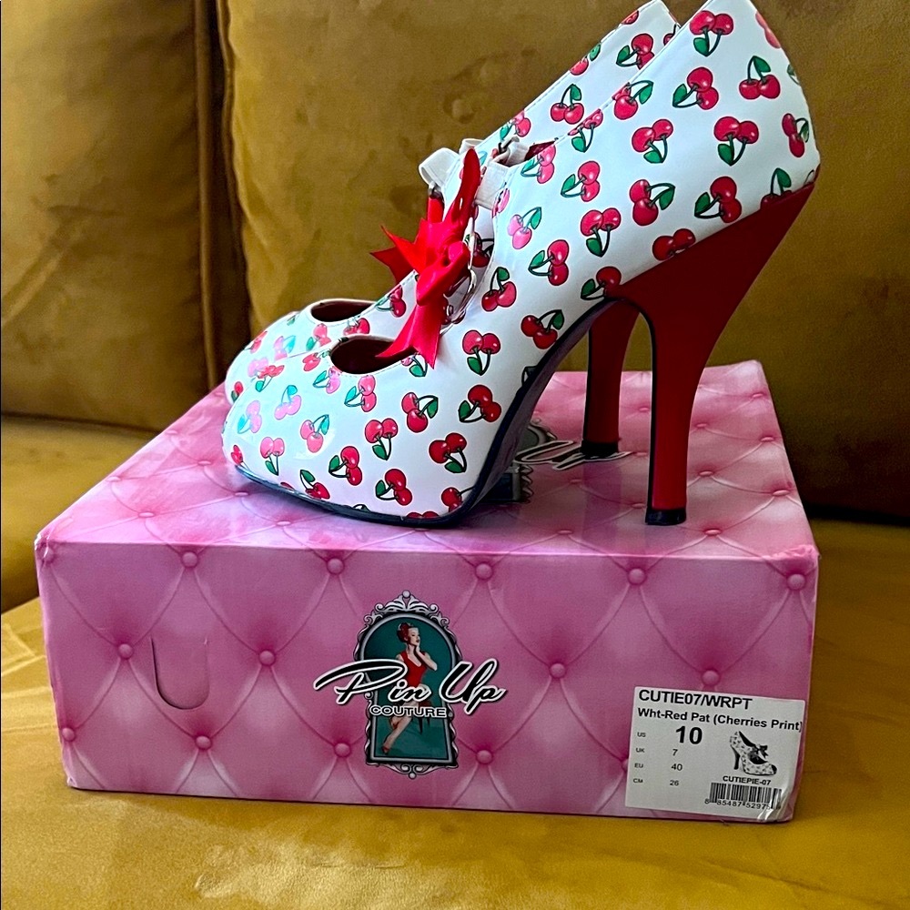 Pinup Couture White Cherry Pattern Red Heels